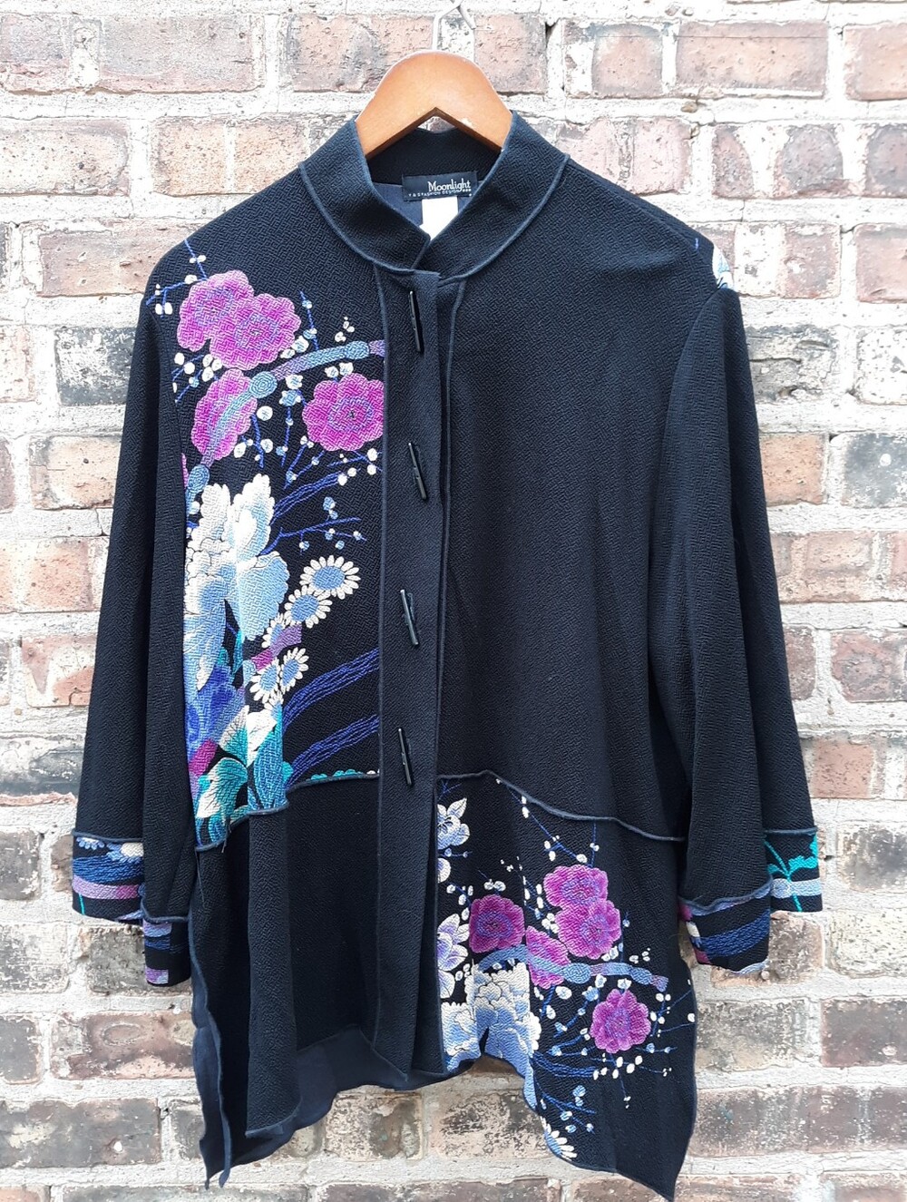 Moonlight Japanese Kimono Art Crepe Jacket Floral Geisha Wave Peplum Toggle L XL